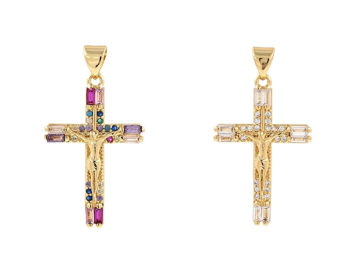 Crucifix Pendant, Micropavé CZ Cross Pendant, Cross Charm, 18K Gold Filled Jesus Necklace, DIY Jewelry Supplies, 32.6x17.8x2.5mm