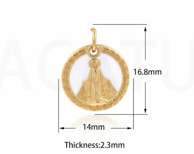 Round Necklace,18K Gold Filled Madonna Necklace,Our Lady Charm,Micropavé CZ Enamel Charm,DIY Jewelry Supplies,14x16.8x2.3mm