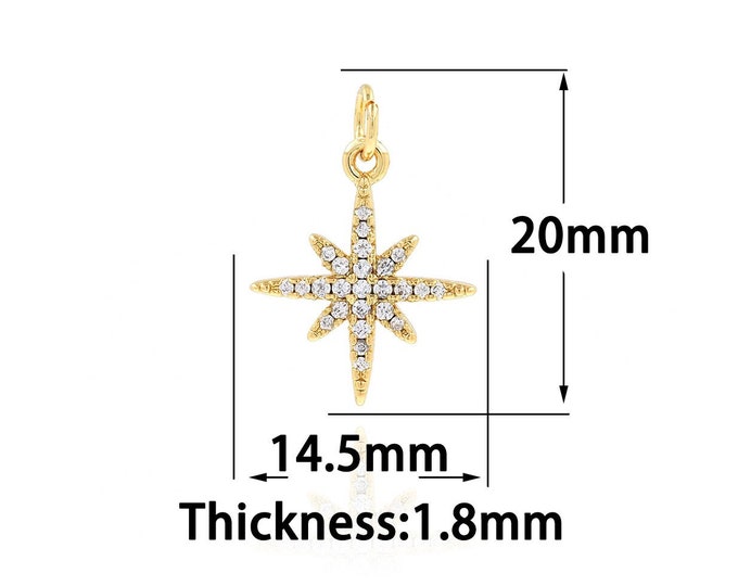 18K Gold Filled Polaris Pendant,Micropavé CZ Gold Dainty Star Charms,Bracelet Necklace for DIY Jewelry Making Supply,14.5x20x1.8mm