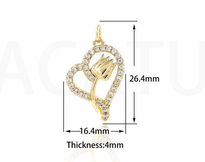 Micropavé CZ Pearl Love Necklace,Heart Pendant, Pearl Heart Necklace, 18K Gold Filled Heart Flower Charm, DIY Jewelry Supplies,26.4x16.4x4mm