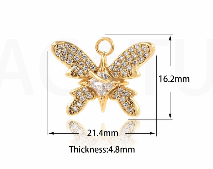 1PCS 18K Gold Filled Cubic Butterfly Necklace, Micropave CZ Butterfly Pendant,Butterfly Charm, Animal Pendant 16.2x21.4x4.8mm