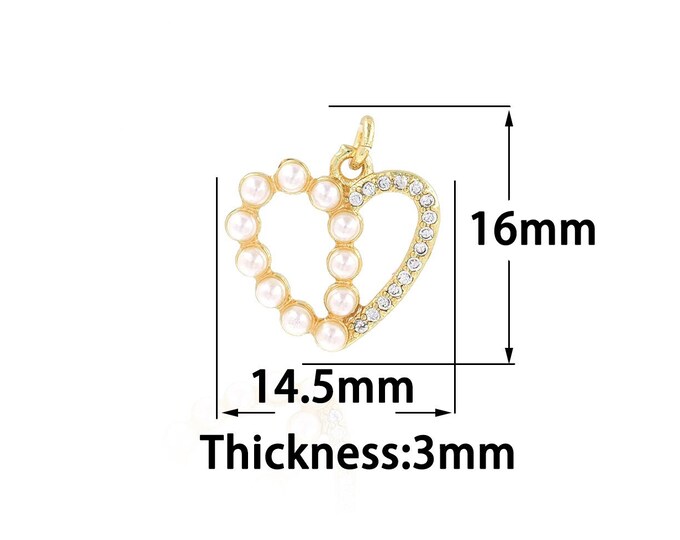 18K Gold Filled Heart Pendant,Gold Dainty Pearl Charms,CZ Heart  Charm Bracelet Necklace for DIY Jewelry Making Supply