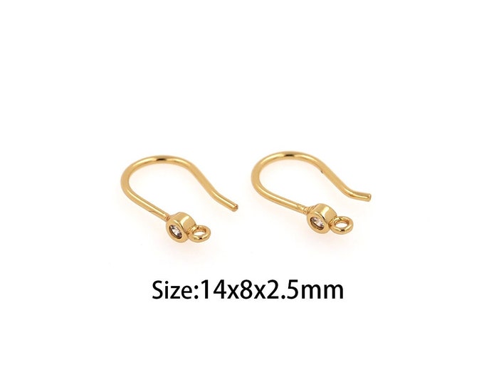 1Pair Zircon Ear Hooks 18K Gold-Plated Zircon Earrings, Ear Hooks, Gold-Plated Ear Hooks, Cubic Zirconia Gold Ear Hooks 14x8x2.5mm