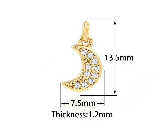 Crescent Necklace, 18K Gold Filled Moon Pendant,Micropavé CZ Crescent Charm, DIY Making Supplies 7.5x13.5x1.2mm