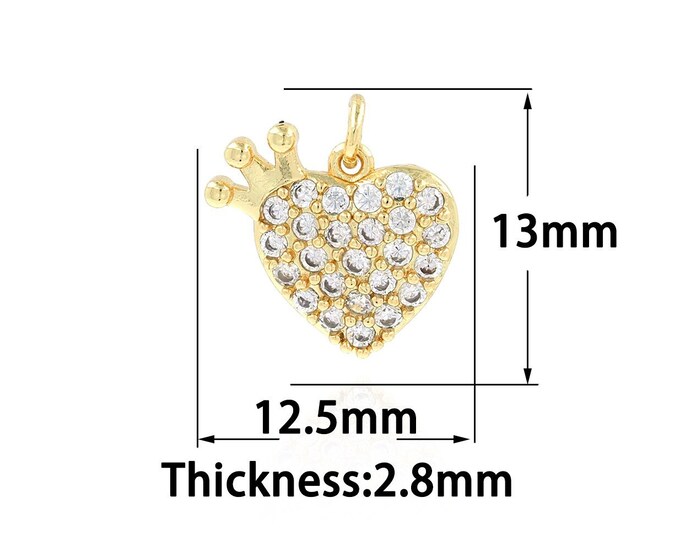 Gold Dainty Heart Charms,18K Gold Filled Heart Pendant,CZ Crown Charm Bracelet Necklace for DIY Jewelry Making Supply
