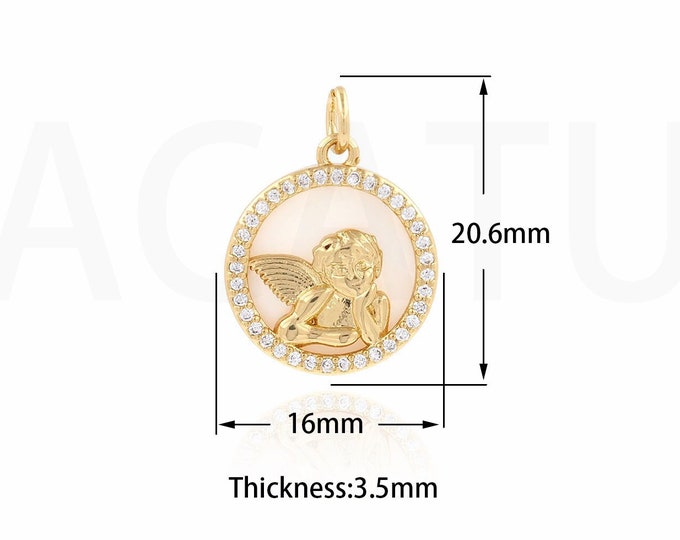 Angel Pendant, Micropavé CZ Round Charm, 18K Gold Filled Shell Necklace, Cupid Charm, DIY Jewelry Supplies, 16x20.6x3.5mm