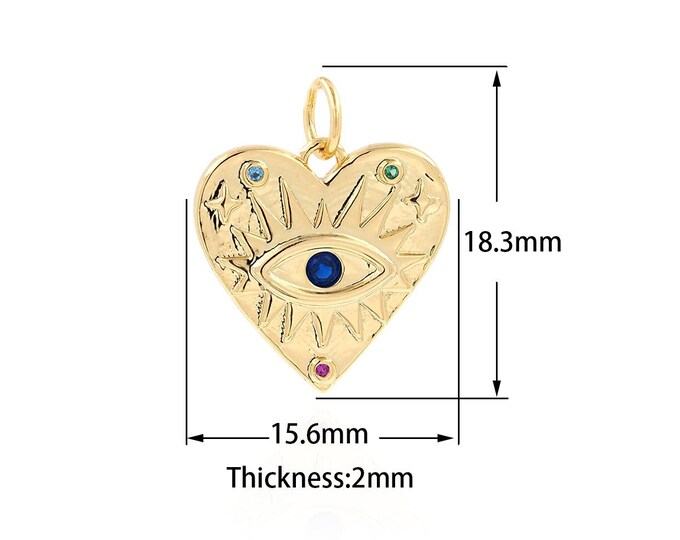 Heart Necklace, 18K Gold Filled Dainty Eye Charm, Micropavé CZ Eye Pendant, Love Necklace, Love Charm, DIY Jewelry Supplies, 15.6x18.3x2mm