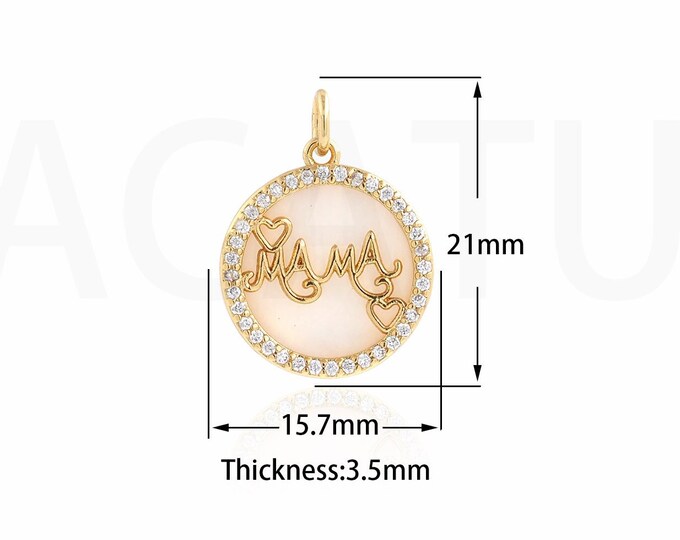 Mama Pendant,18K Gold Filled Shell Charm,Round Pendant, Micropavé CZ Letter Text Pendant, DIY Jewelry Accessories, 15.7x21x3.5mm