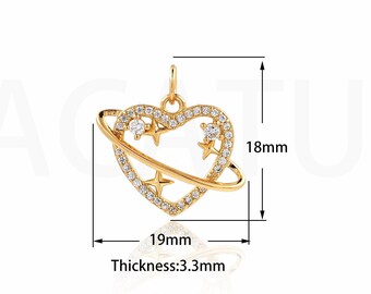 18K Gold Filled Love Necklace, Heart Ring Pendant,Micropavé CZ Dainty Pendant,Saturn Ring Charm,Heart Charm,DIY Jewelry Supplies,18x19x3.3mm