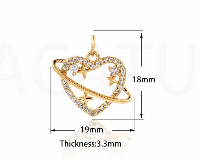 18K Gold Filled Love Necklace, Heart Ring Pendant,Micropavé CZ Dainty Pendant,Saturn Ring Charm,Heart Charm,DIY Jewelry Supplies,18x19x3.3mm