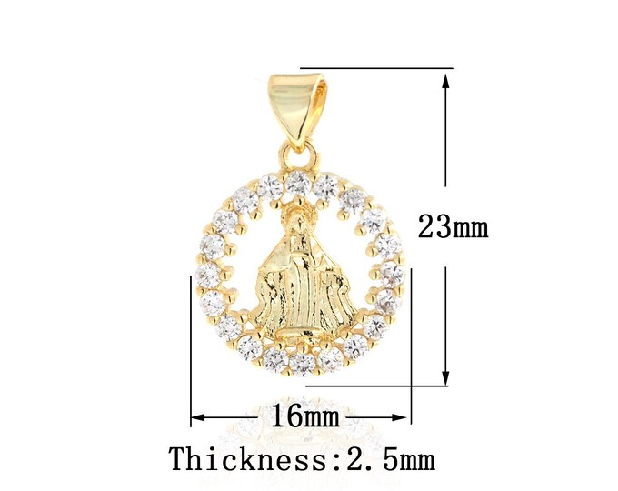 MicroPave CZ Mary Mother Religious Pendant,18K Gold Filled Round Charm,Marry Mother Pendant,DIY Jewelry Supplies,23x16x2.5mm