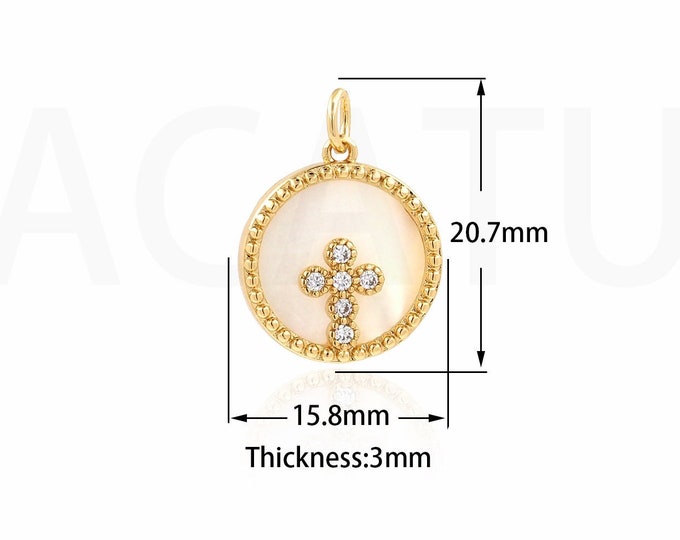 1PCS MicroPave CZ Cross Charm Cross Pendant Enamel Charm 18K Gold Filling Shell Necklace DIY Jewelry Making Round Charm 20.7x15.8x3mm