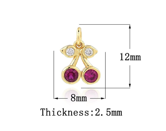 18K Gold Filled CZ Cherry Pendant,Gold Dainty Cherry Charms,Cherry Charm Bracelet Necklace for DIY Jewelry Making Supply