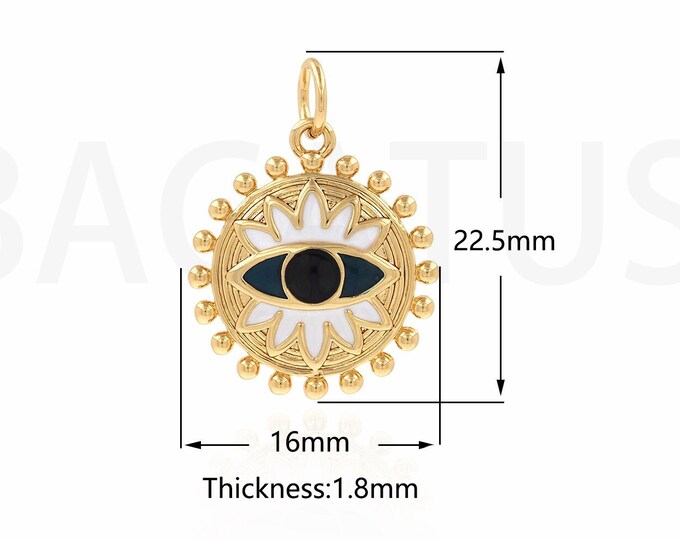 Eye Pendant, Flower Necklace, 18K Gold Filled Enamel Charm, Micro Pave CZ Flower Eye Necklace, DIY Jewelry Supplies, 15.5x20.5x2.2mm