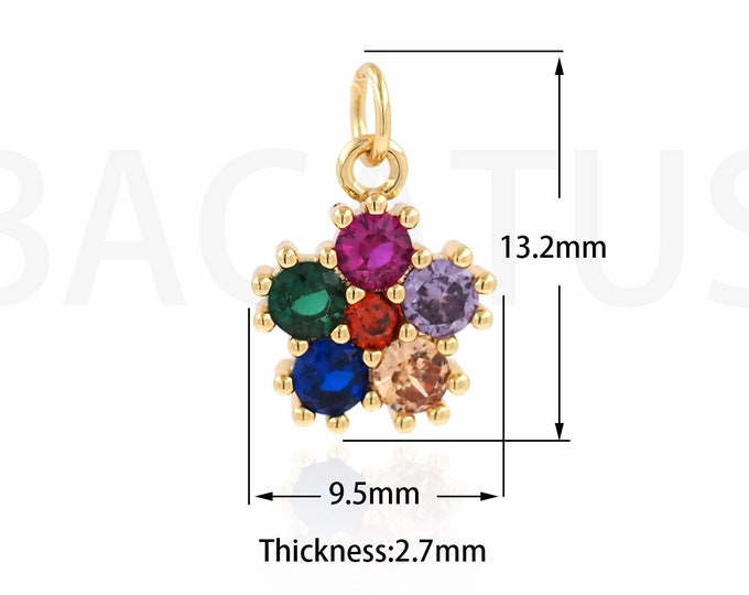 Flower Pendant, Micropavé CZ Plant Necklace, 18K Gold Filled Flower Charm, Plant Charm, DIY Jewelry Supplies, 9.5x13.2x2.7mm