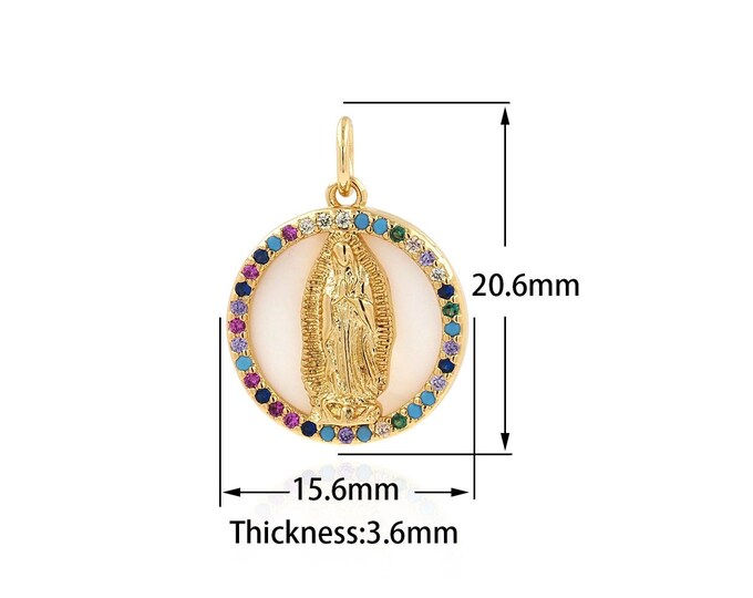 Micropavé CZ Catholic Necklace,Mother of Pearl Pendant,Seashell Necklace,18K Gold Filled Circle Necklace,Our Lady Charm,DIY Jewelry Supplies