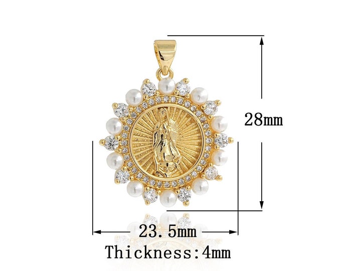 MicroPave CZ Pearl Religious Pendant,18K Gold Filled Round Charm,Marry Mother Pendant,DIY Jewelry Supplies,28x23.5x4mm