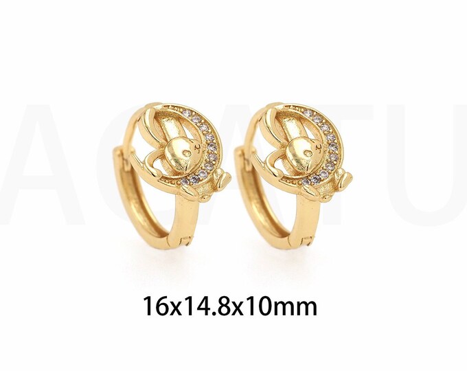 Rabbit Earrings, Cute Earrings, 18K Gold Filled Moon Earrings, Animal Earrings, Micro Pave CZ Crescent Earrings, Gift For Her, 16x14.8x10mm