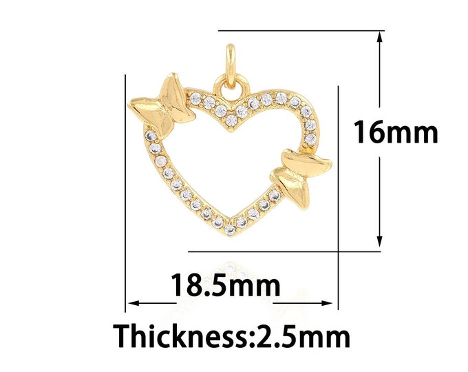 Gold Dainty Heart Charms,18K Gold Filled Heart Pendant,CZ Butterfly Charm Bracelet Necklace for DIY Jewelry Making Supply