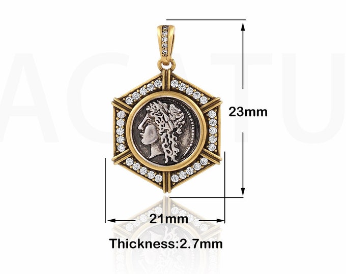18K Gold Filled Engraved Necklace,Vintage Figure Pendant,MicroPavé CZ Vintage Jewelry,Portrait Charm, DIY Jewelry Supplies,23x21x2.7mm