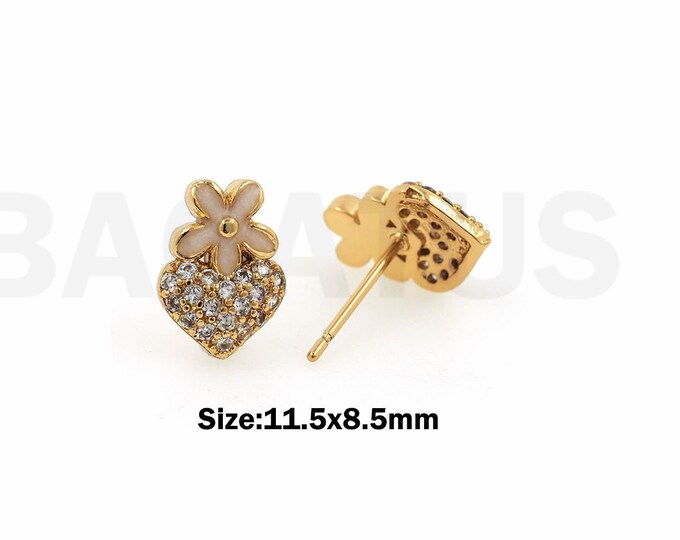 Fruit Earrings, Micropavé CZ Strawberry Earrings, Flower Earrings, 18K Gold Filled Enamel Earrings, DIY Jewelry Supplies, 11.5x8.5mm
