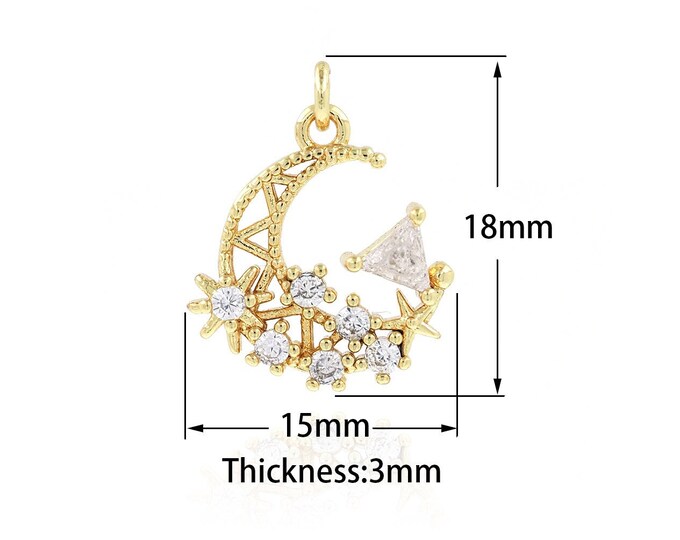 Crescent Necklace, 18K Gold Filled Moon Pendant,Micropavé CZ Crescent Charm, DIY Making Supplies 15x18x3mm