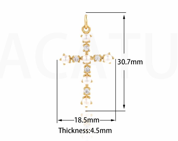 Pearl Cross Charms, 18K Gold Filled Cross Pendant, MicroPavé CZ Religious Charms, Christian Necklace, DIY Jewelry Supplies,30.7x18.5x4.5mm