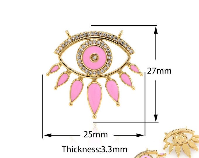 18K Gold Filled Tassel Necklace, Enamel Eye Pendant, Micropavé CZ Eye Charm, DIY Jewelry Supplies, 25x27x3.3mm