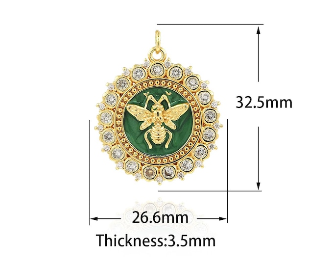 Round Bee Pendant Round Pendant Enamel Charm Micropavé CZ 18K Gold Filled Insect Charm DIY Bracelet Necklace Jewelry Supplies