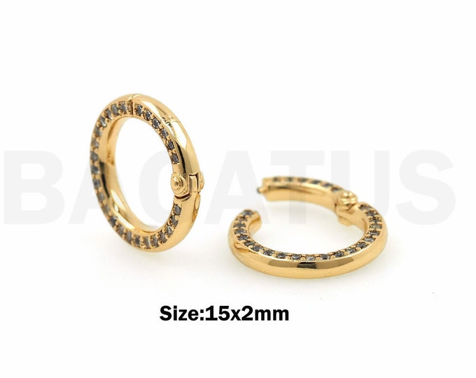 Round Clasp, Micropavé CZ Jewelry Clasp, 18K Gold Filled Spring Clasp, Snap Clasp, Push Clasp, DIY Jewelry Supplies, 15x2mm