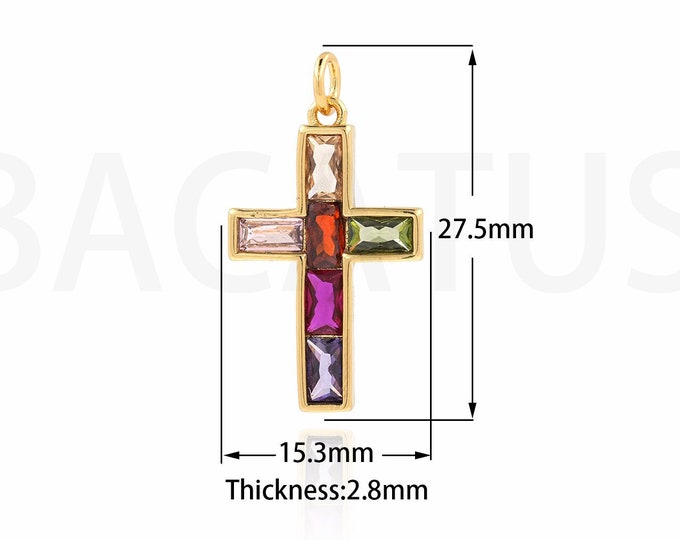 Cross Pendant, Micropavé CZ Religious Charm, 18K Gold Filled Cross Charm, DIY Jewelry Supplies, 15.3x27.5x2.8mm