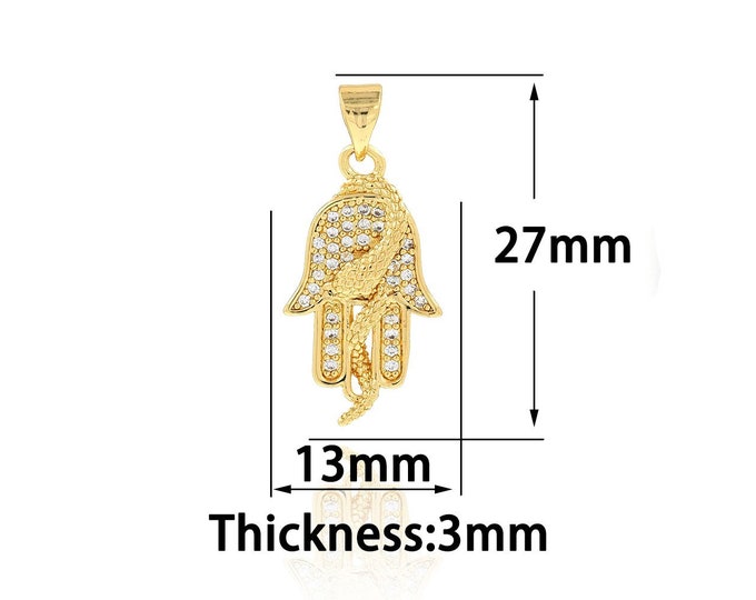 Hamsa Pendant, 18K Gold Filled Snake Charm, Hand Necklace, Micropavé CZ Palm Pendant, DIY Jewelry Supplies, 13x27x3mm