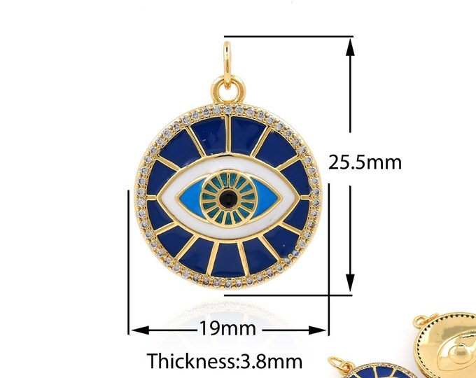 Micropavé CZ Circle Necklace, Eye Necklace, 18K Gold Filled Enamel Charm, Enamel Eye Necklace, DIY Jewelry Supplies, 25.5x19x3.8mm