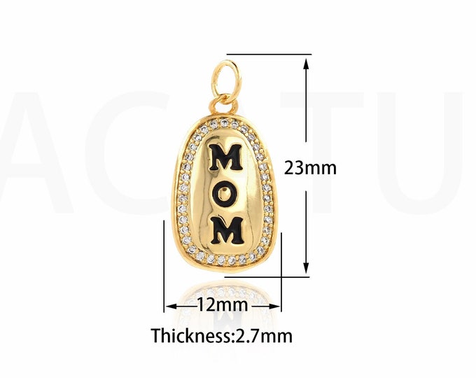 Bullet Pendant, Word Charm, Micropavé CZ Mom Necklace, 18K Gold Filled Enamel Charm, Mother's Day Gift, DIY Jewelry Supplies, 23x12x2.7mm