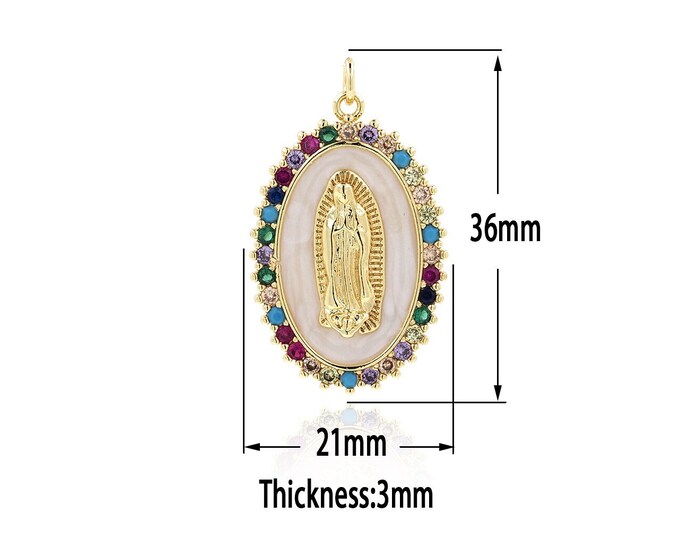 18K Gold Filled Virgin Maria Pendant,Gold Oval Charms,  CZ Mother-of-Pearl Charm Bracelet Necklace for DIY Jewelry Making Supply