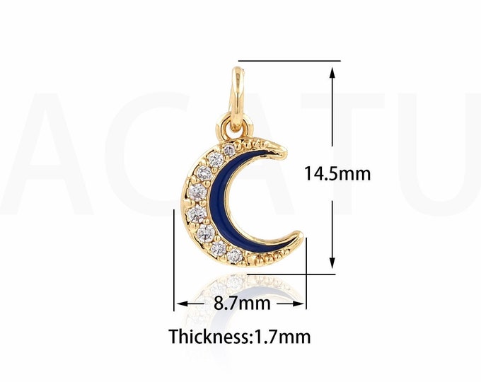 Moon Necklace, 18K Gold Filled Moon Pendant, Micropavé CZ Crescent Charm, Enamel Charm, DIY Jewelry Supplies, 14.5x8.7x1.7mm