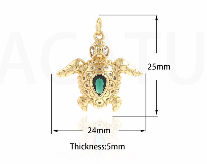 1PCS Marine Jewelry Gold Tortoise Necklace,Micropavé CZ Metal Tortoise, 18K Gold Filled Mini Tortoise Pendant, 25x24x5mm