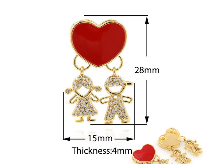 18K Gold Filled Heart Charm,Couple Pendant,Enamel Charm,Necklace for Girls, Micro Pavé CZ Couple Charm,DIY Jewelry Supplies, 28x15x4mm