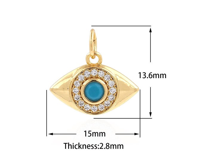 Micro-Pave Eye Pendant Suitable for Bracelets, Necklaces, Jewelry Products, Greek Eye Charm, 18K Gold Filled Eye Jewelry 13.6x15x2.8mm