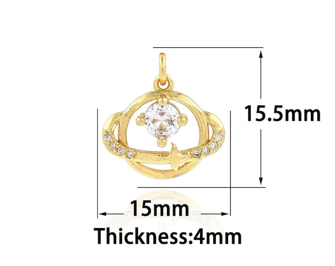 Saturn Pendant, 18K Gold Filled Saturn Ring Pendant, Micropavé CZ Saturn Necklace, DIY Jewelry Accessories, 15x15.5x4mm