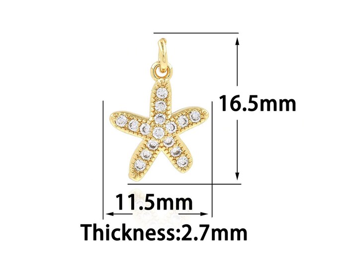18K Gold Filled Starfish Pendant,Micropavé CZ Starfish Charm Bracelet Necklace for DIY Jewelry Making Supply,11.5x16.5x2.7mm