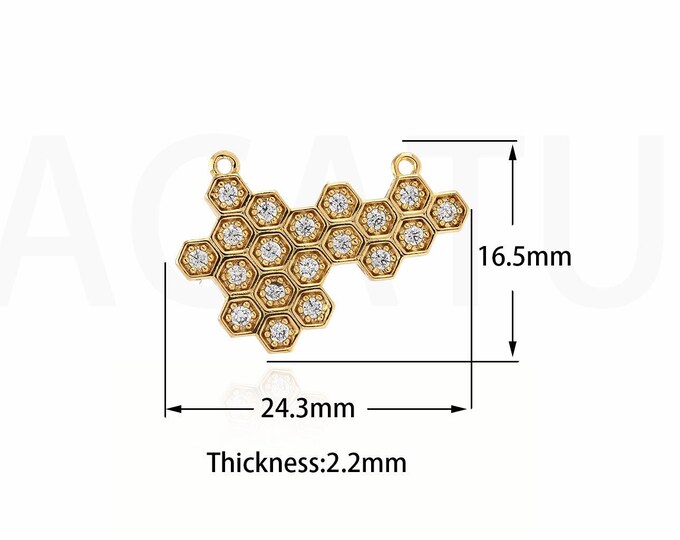 Honeycomb Pendant, Micropavé CZ Honeycomb Necklace, 18K Gold Filled Honeycomb Jewelry, DIY Jewelry Supplies, 16.5x24.3x2.2mm