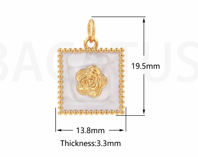 Square Pendant, Micropavé CZ Enamel Flower Necklace,18K Gold Filled Round Pendant, Enamel Flower Pendant, Flower Charm, 13.8x19.5x3.3mm
