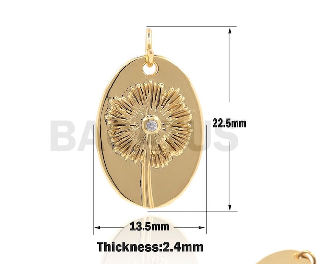1PCS Dandelion Pendant Oval Pendant Dandelion Charm Plant Accessories Oval Charm DIY Jewelry Making Gold Filling CZ Paving 22.5x13.5x2.4mm