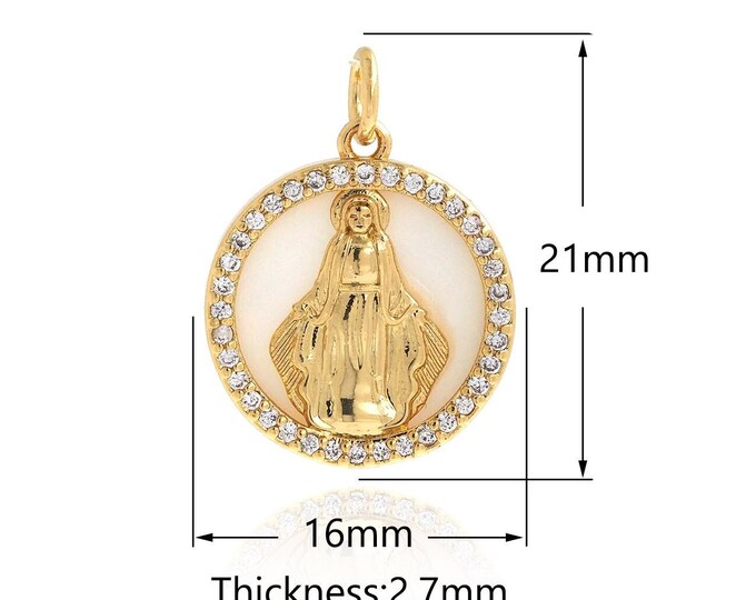 Mother of Pearl Pendant,18K Gold Filled Circle Necklace,Our Lady Charm,Micropavé CZ Catholic Necklace,Seashell Necklace,DIY Jewelry Supplies