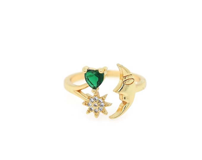 18K Gold Filled Open Ring,Gold Dainty Heart Ring,CZ Moon Ring,Gift for Her