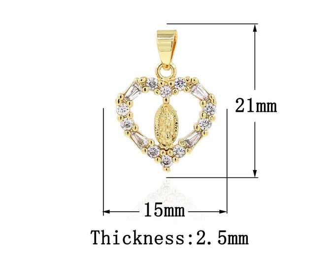 18K Gold Filled Virgin Mary Pendant,Gold Dainty CZ Religion Charms,Heart Charm Bracelet Necklace for DIY Jewelry Making Supply