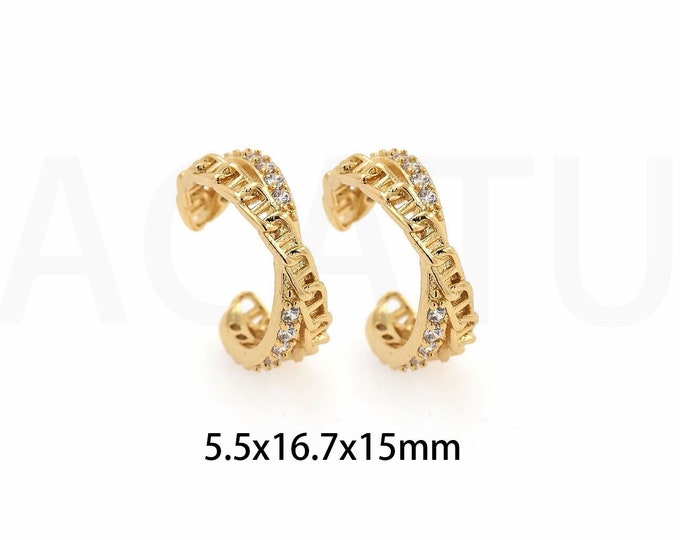 Line Ear Clips, Earrings for Women, Micropavé CZ Gold Thick Ear Clips, 18K Gold Filled Dainty Earrings, Gift for Her,5.5x16.7x15mm