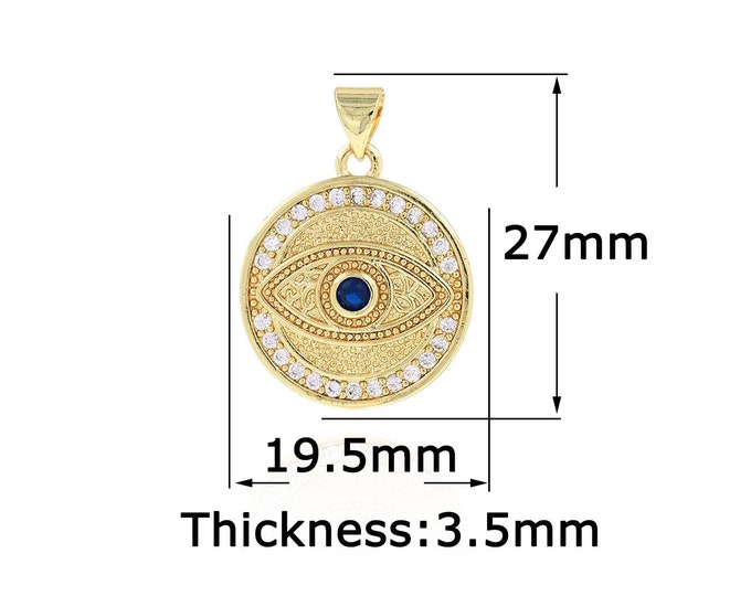 18K Gold Filled Devil Eye Pendant,Gold Dainty Round Charms,CZ Simple Charm Bracelet Necklace for DIY Jewelry Making Supply