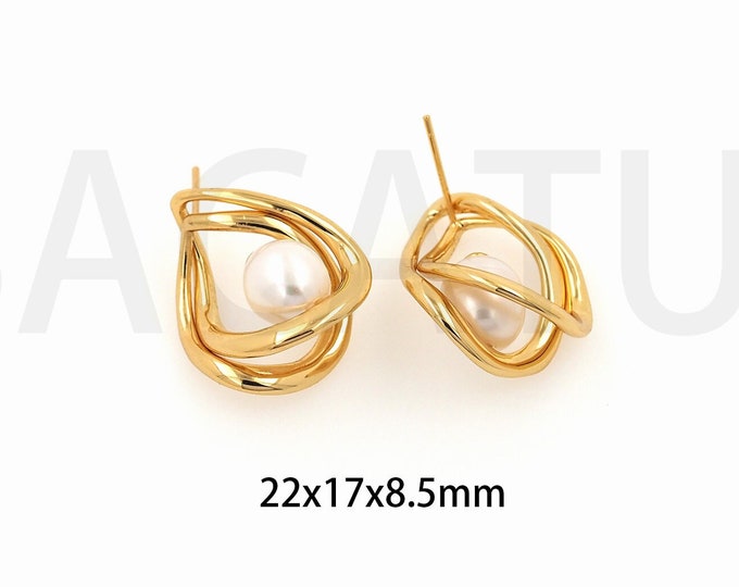 Micro Pave CZ Earrings For Women, Pearl Stud Earrings, 18K Gold Filled Fashion Earrings, Pearl Charms,Pearl Ball Earrings,22x17x8.5mm